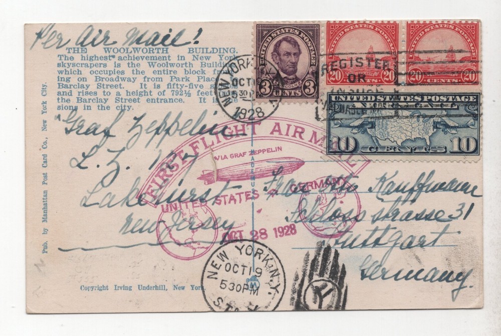 US TO GERMANY 1928 GRAF ZEPPELIN FLIGHT POST CARD NEW YORK OCT. 28, 1928
