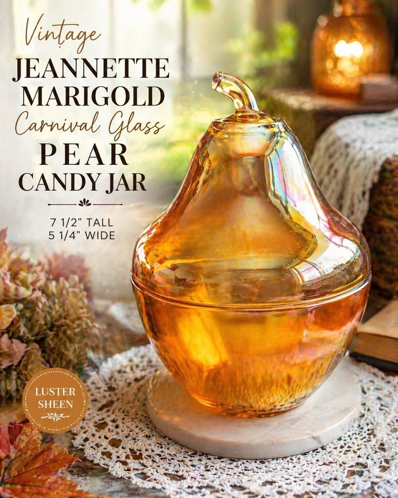 Vintage Jeannette Marigold Carnival Glass Pear Candy Jar Covered Dish 7.5”