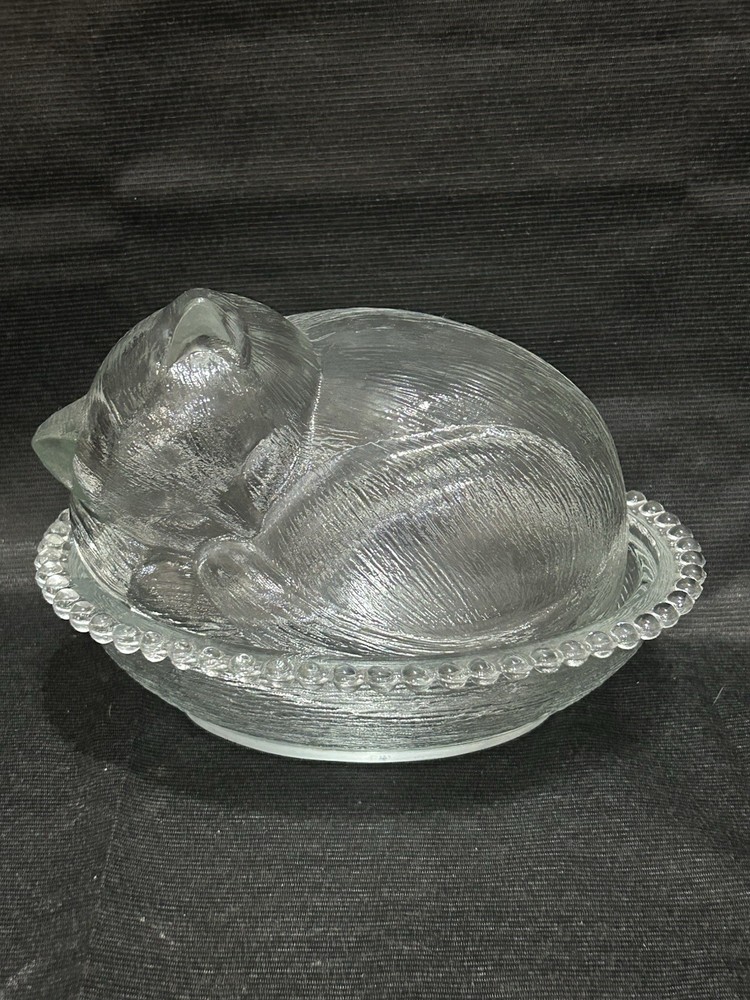 Vintage Indiana Glass Clear Kitten Cat Nest Covered Candy Dish
