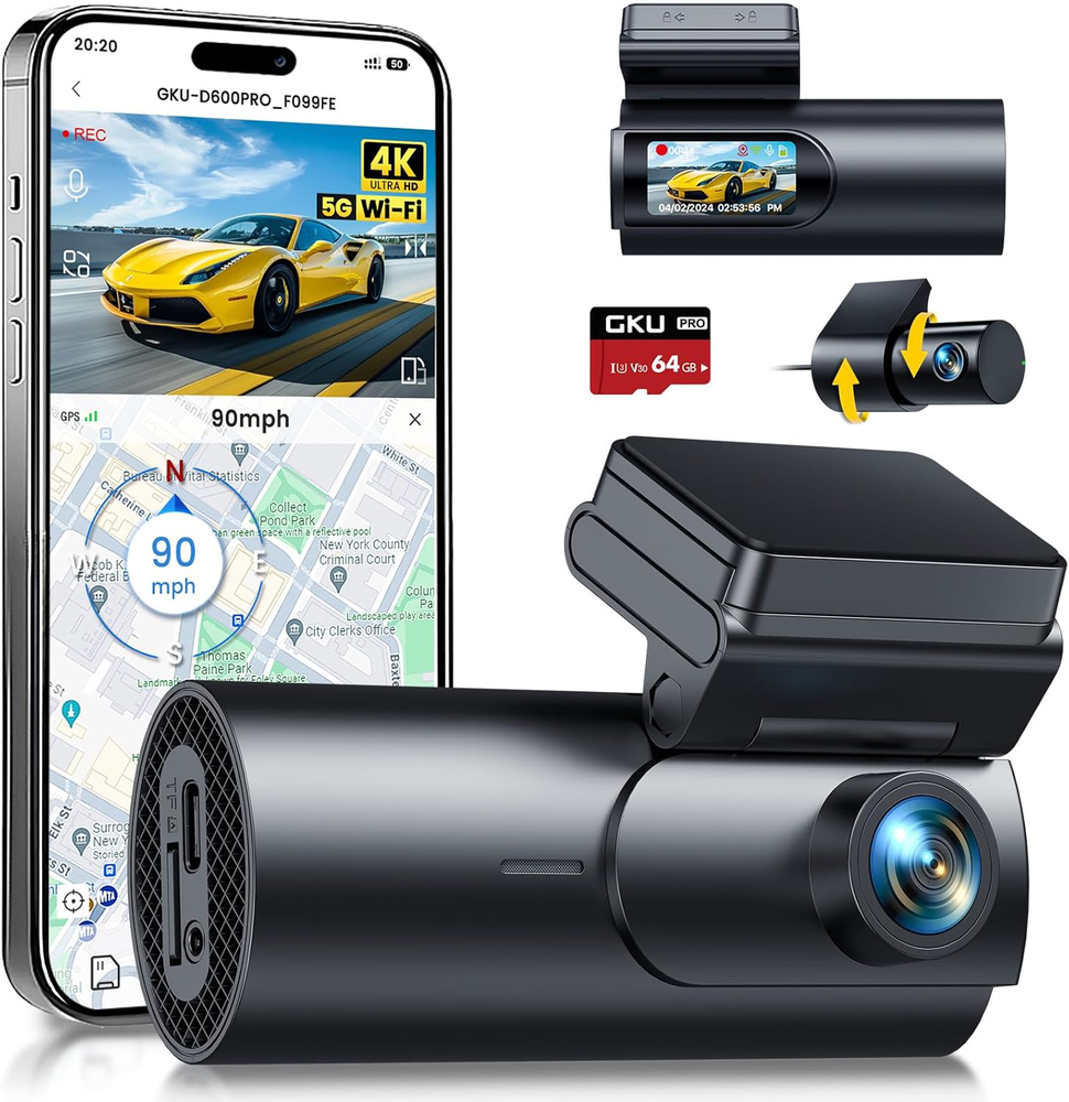 4K Dash Cam Front and Rear, WiFi GPS 64GB SD Card, Night Vision, App Control