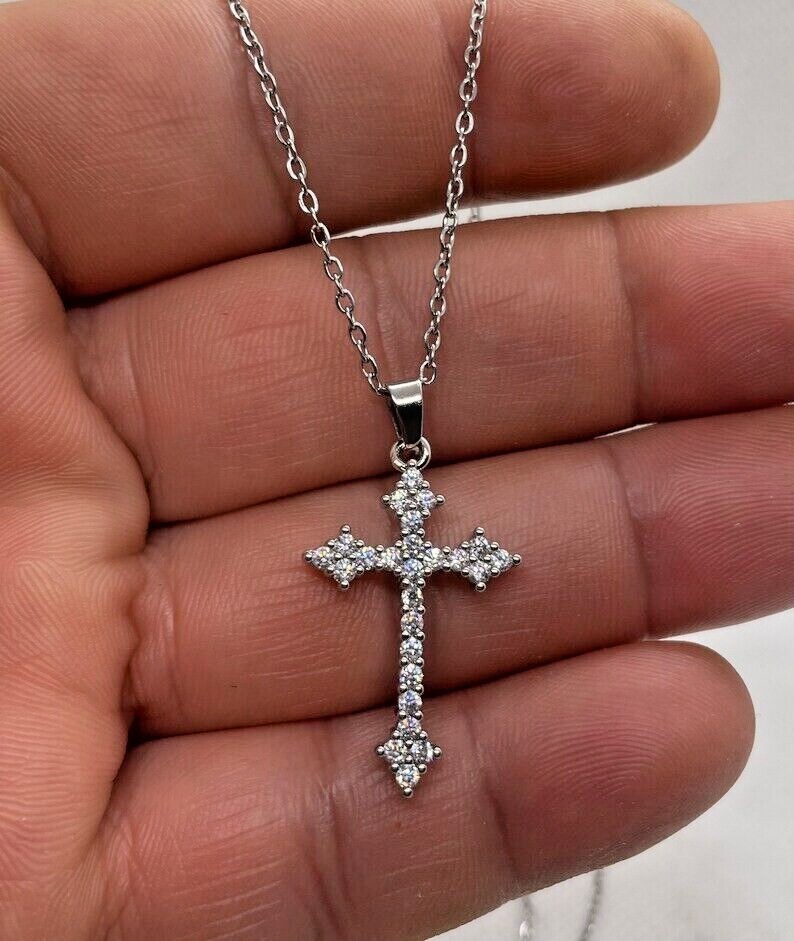 1Ct Round Cut Simulated Diamond Pretty Cross Charm Pendant 14K White Gold Plated