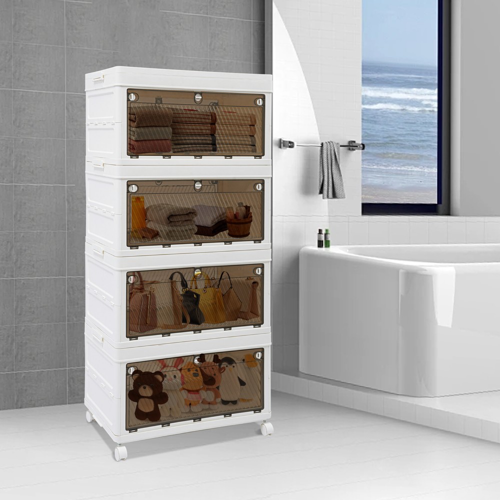 4-Tier Foldable Stackable Storage Organizer with Wheels for Clothes