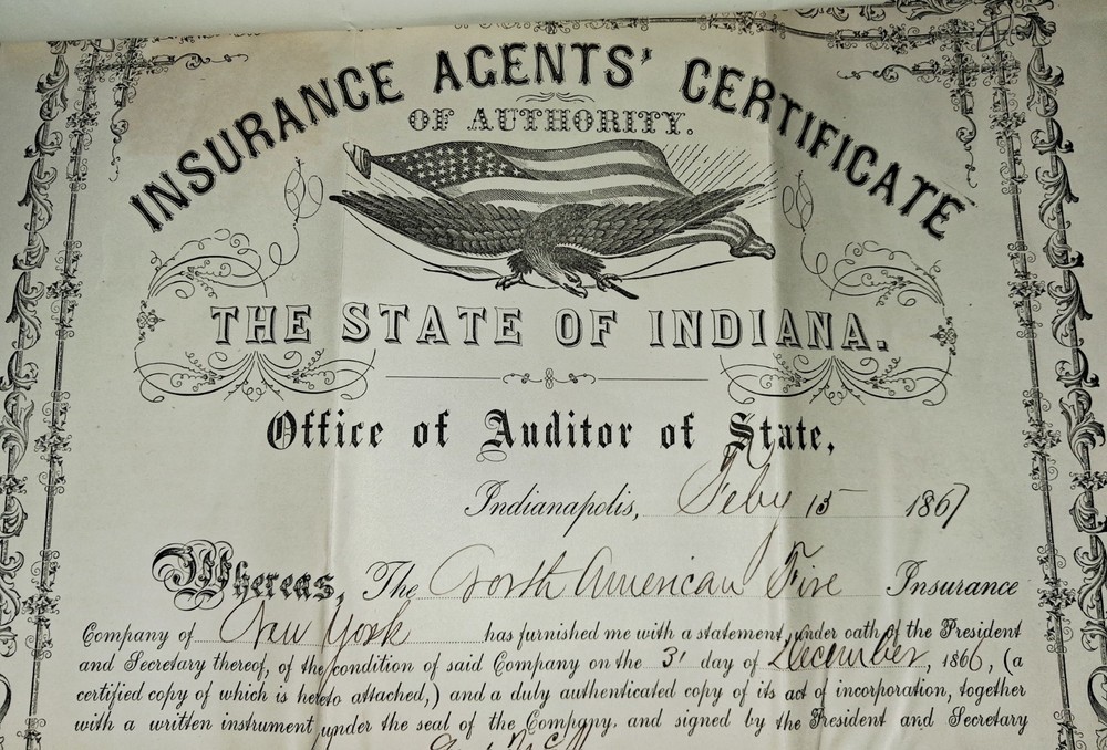 1866 Historical Antique North America Fire Insurance Company Document 🔥