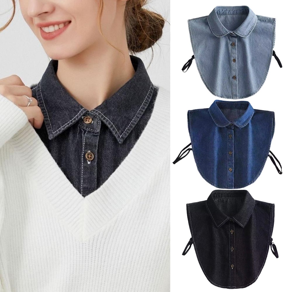 Women Denim Shirt Fake Collar Detachable Lapel Half Tops Blouse Bib Adjustable;