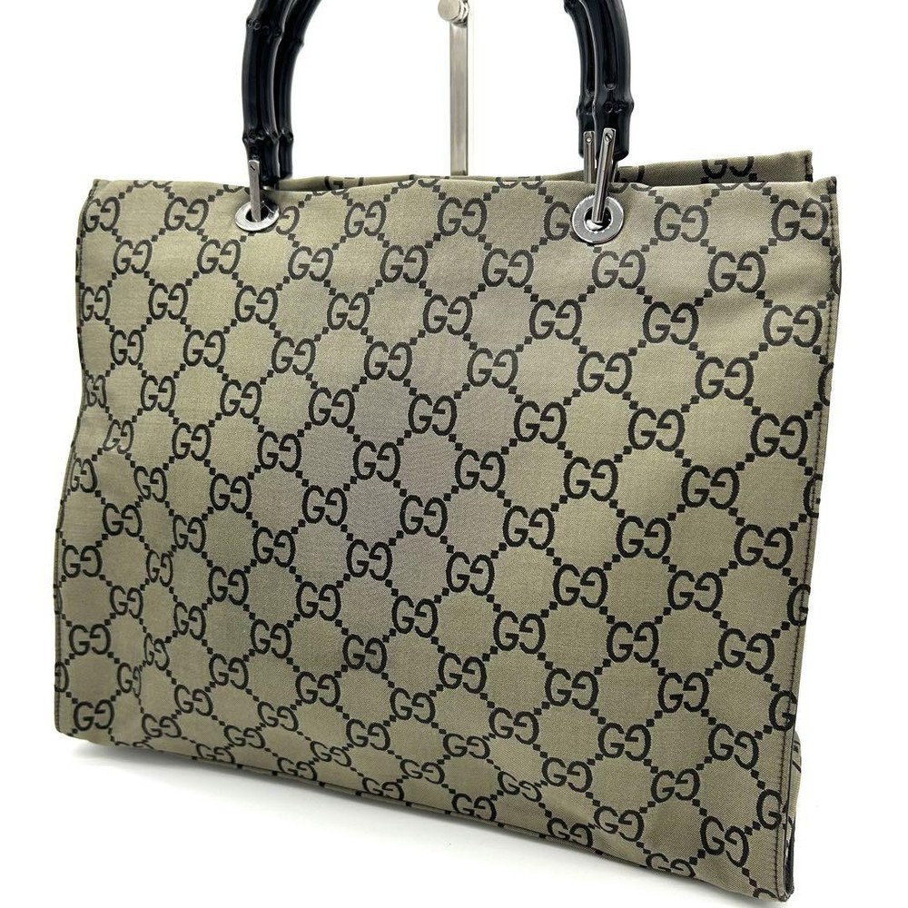 Gucci Bamboo GG Khaki Canvas Tote Bag 3 Compartments Pre-Owned Authentic