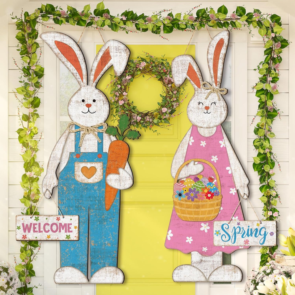2 Pcs Easter Bunny Hanging Sign Easter Wooden Front Door Spring Decorations Larg