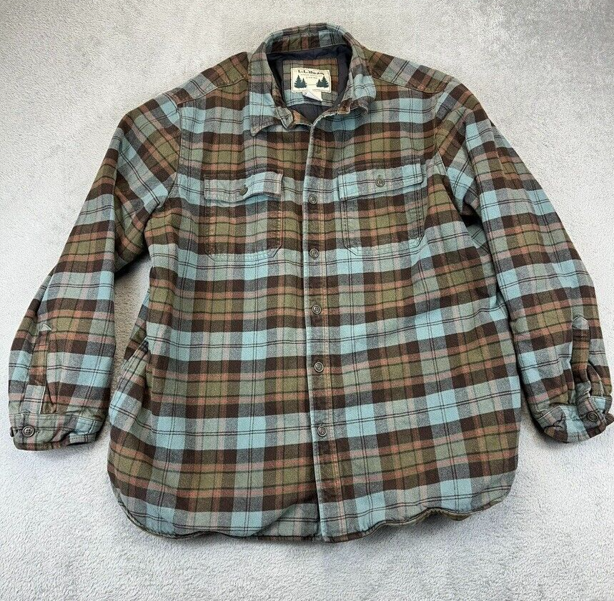 L.L. Bean Quilted Plaid Flannel Shirt Button Front Jacket Brown Blue Mens XL