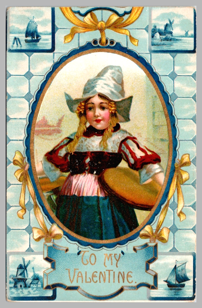 To My Valentine Dutch Girl Traditional Dress Sailboats Windmills c1910 Postcard