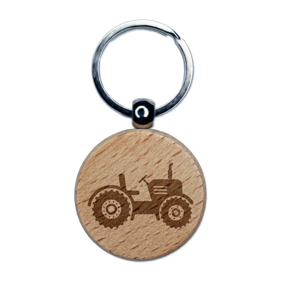 Farm Tractor Engraved Wood Round Keychain Tag Charm