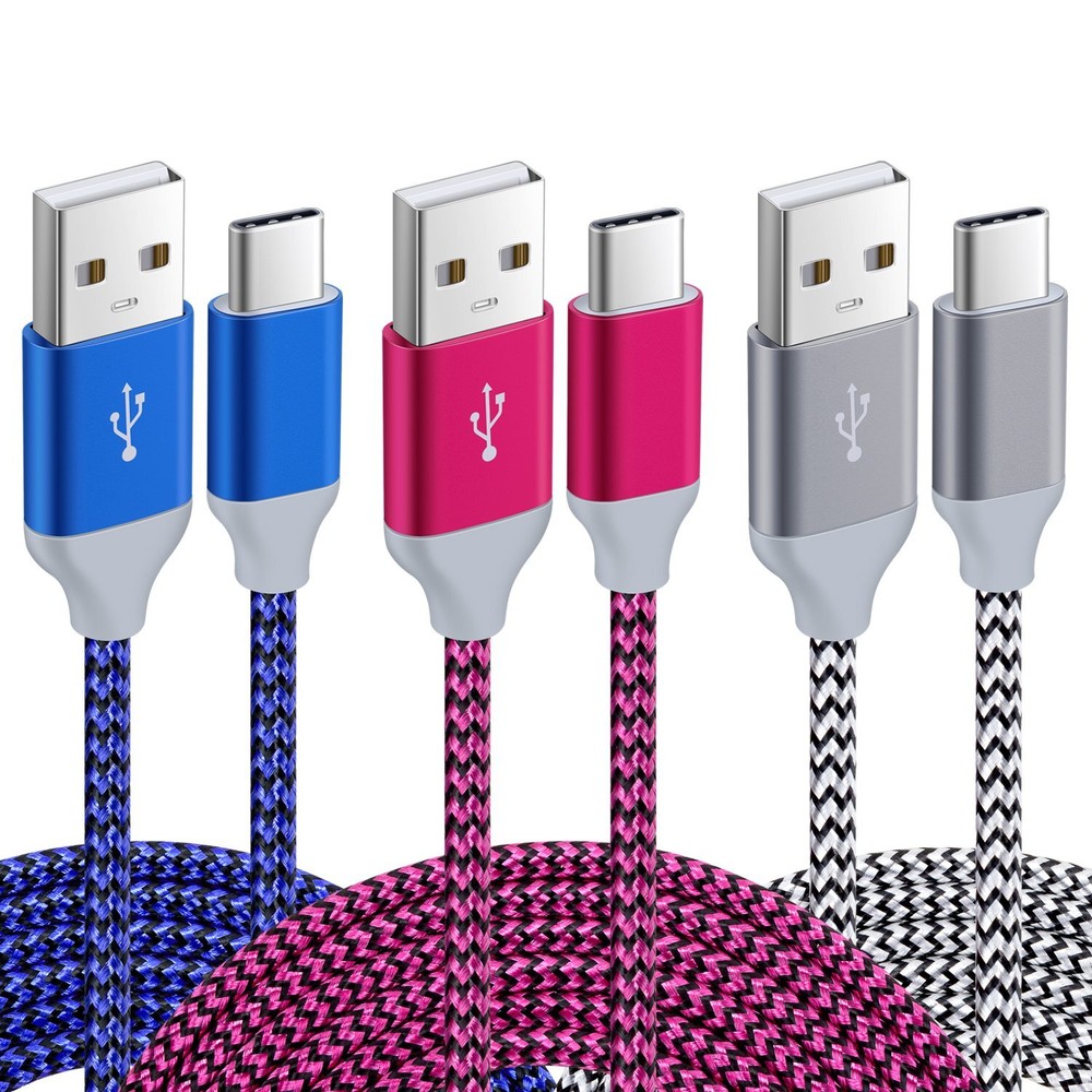 3-Pack 10ft USB C to USB A Fast Charging Cable with Nylon Braid