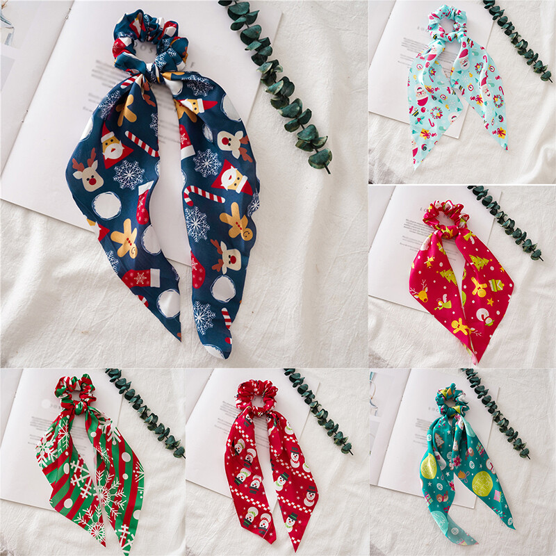 Festive Christmas Print Hair Bows Scrunchies for Women Girls