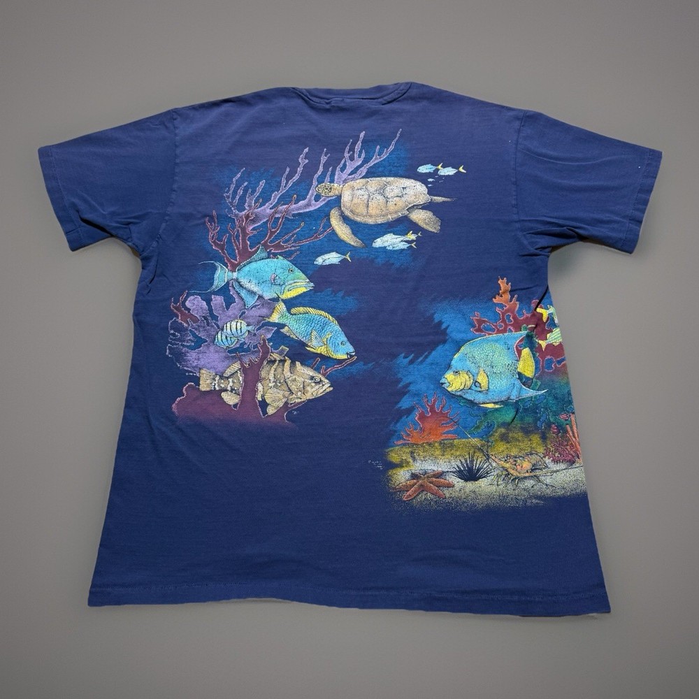 Vintage 90s Nature Wrap Around T Shirt Marine Underwater Fish Ocean Large Faded
