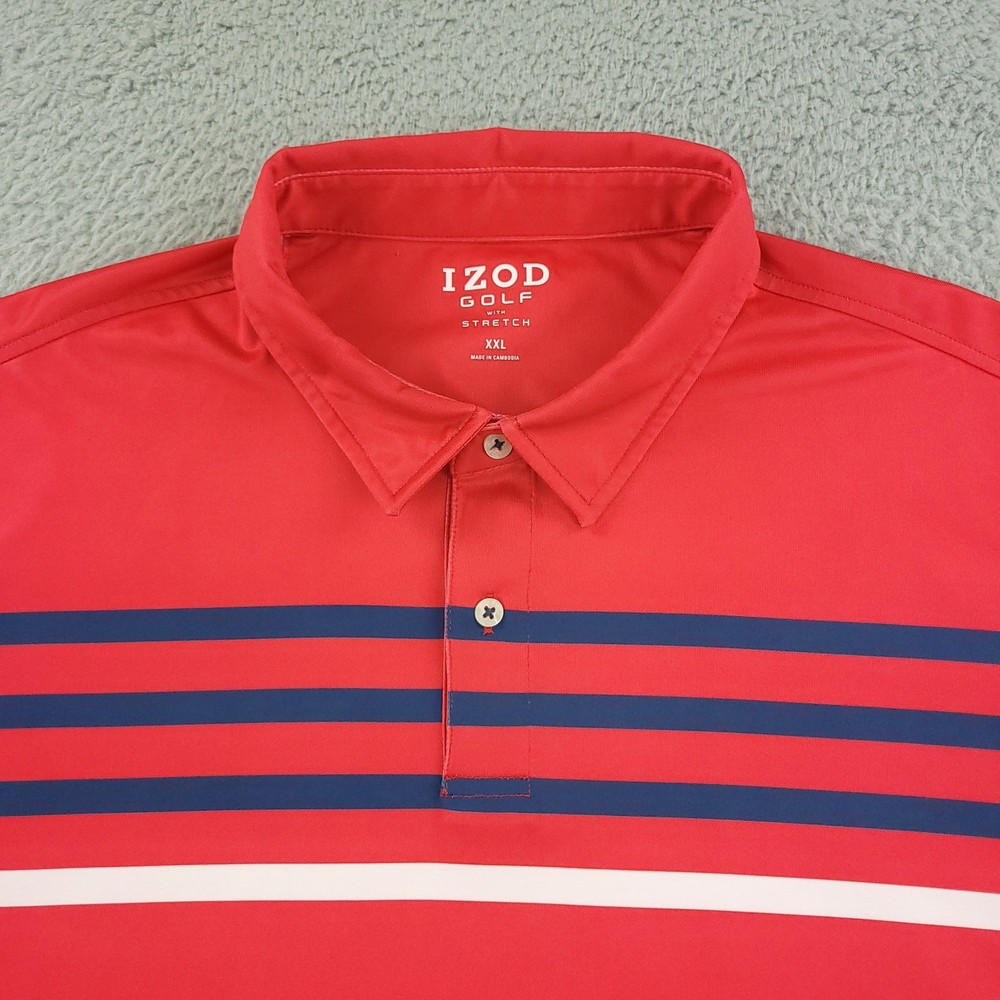 IZOD Golf Polo Shirt Mens 2XL Red Blue Stretch Performance Striped Short Sleeve