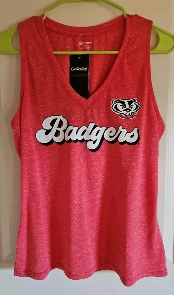 NCAA Wisconsin Badgers Womens Red Heather V-Neck Athletic Tank Top Size Small