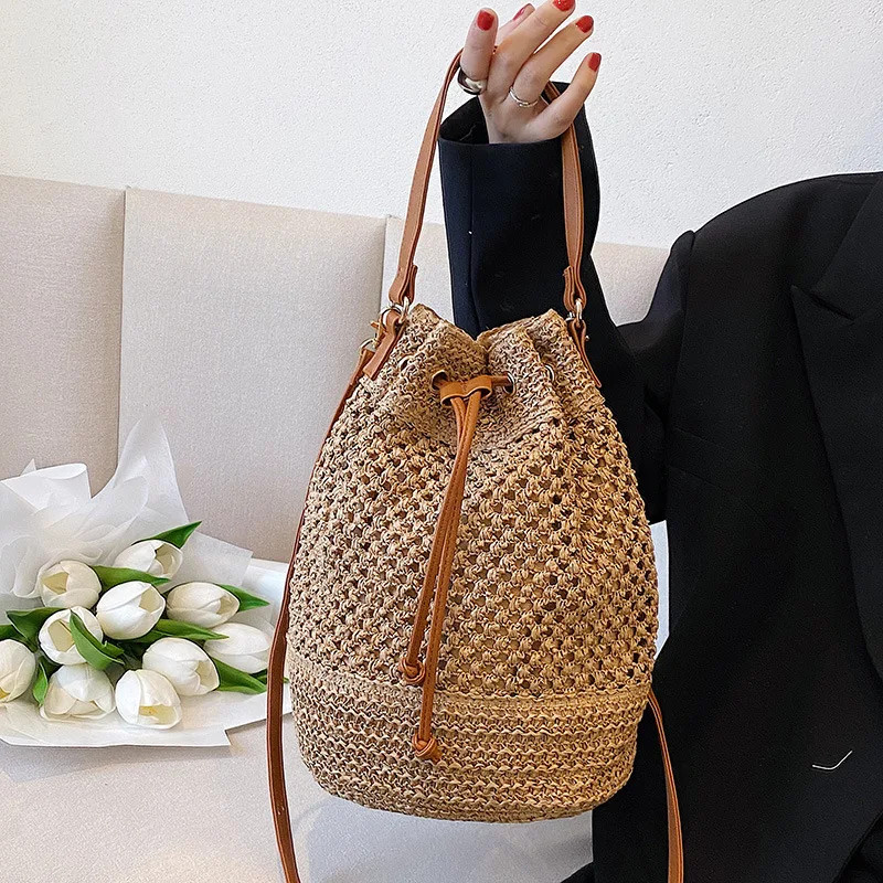 Woven Straw Bag Ladies Bucket Crossbody Bag Summer Beach Retro Travel Shoulder