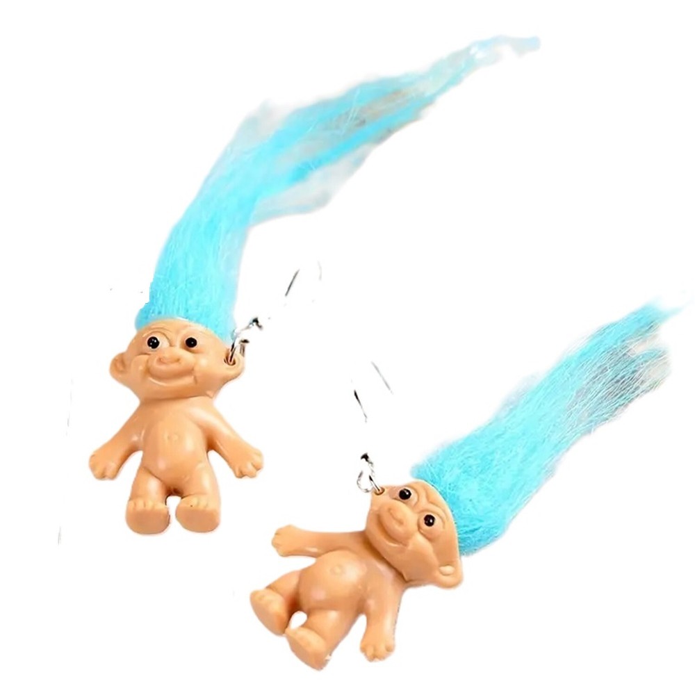 Cute Retro TROLL DOLL Funky EARRINGS Miniature Toy Kawaii Novelty Jewelry-BLUE