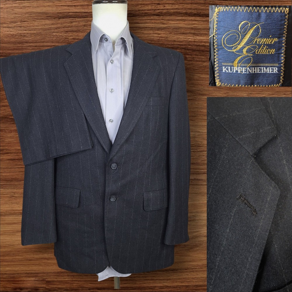 Kuppenheimer 2 Piece Suit Mens 38R 30X28 Black Chalkstripe Flannel Tweed Wool