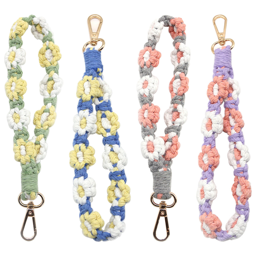 4 Pcs Handwoven Daisy Bracelet Phone Strap Keychain Pendant Charm  