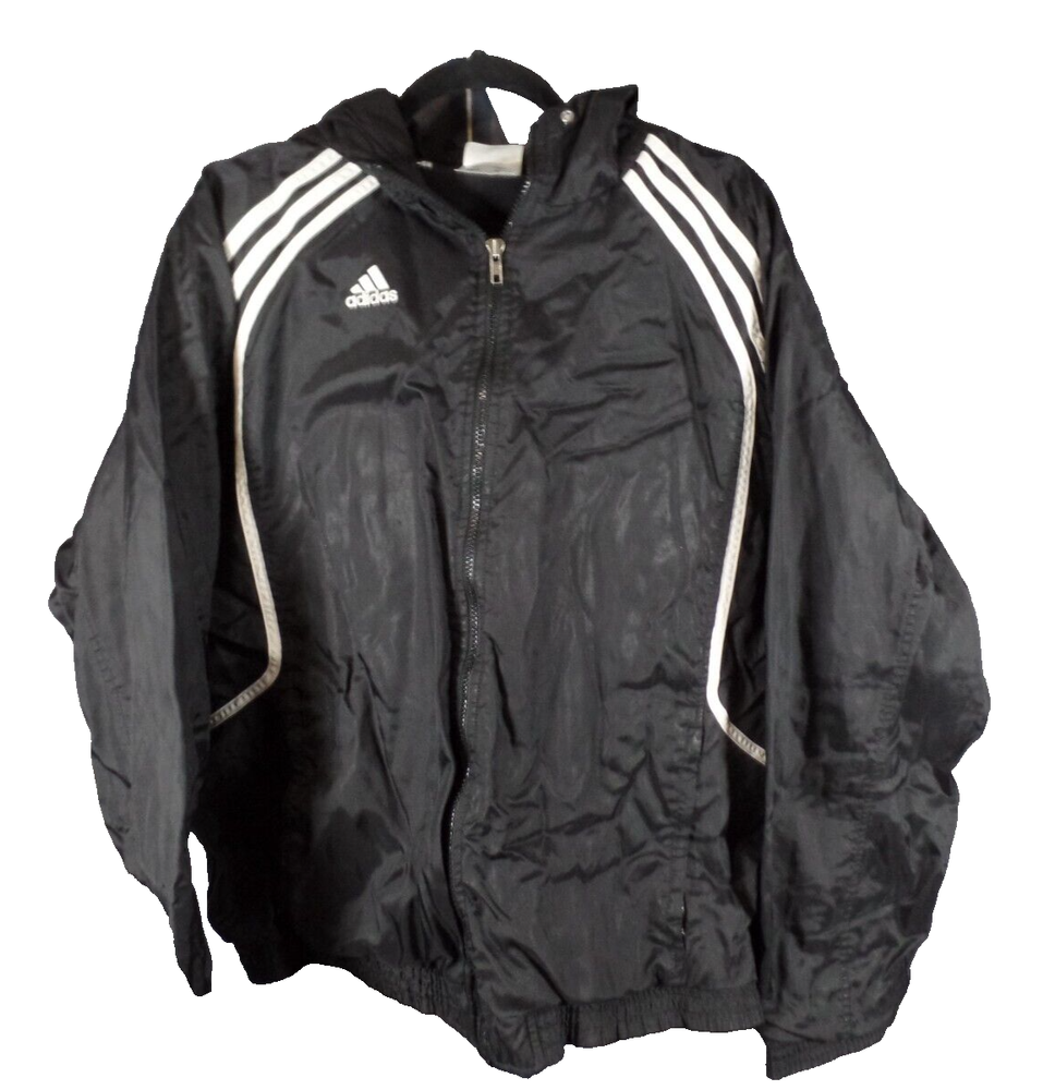 Adidas Mens Black White Three Stripe Zip Hooded Athletic Jacket Coat Size M