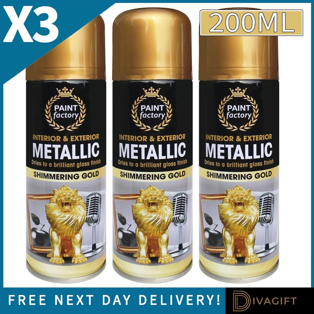 3 x GOLD METALLIC SPRAY PAINT 200ML CHRISTMAS AEROSOL FOR WOOD METAL PLASTIC NEW
