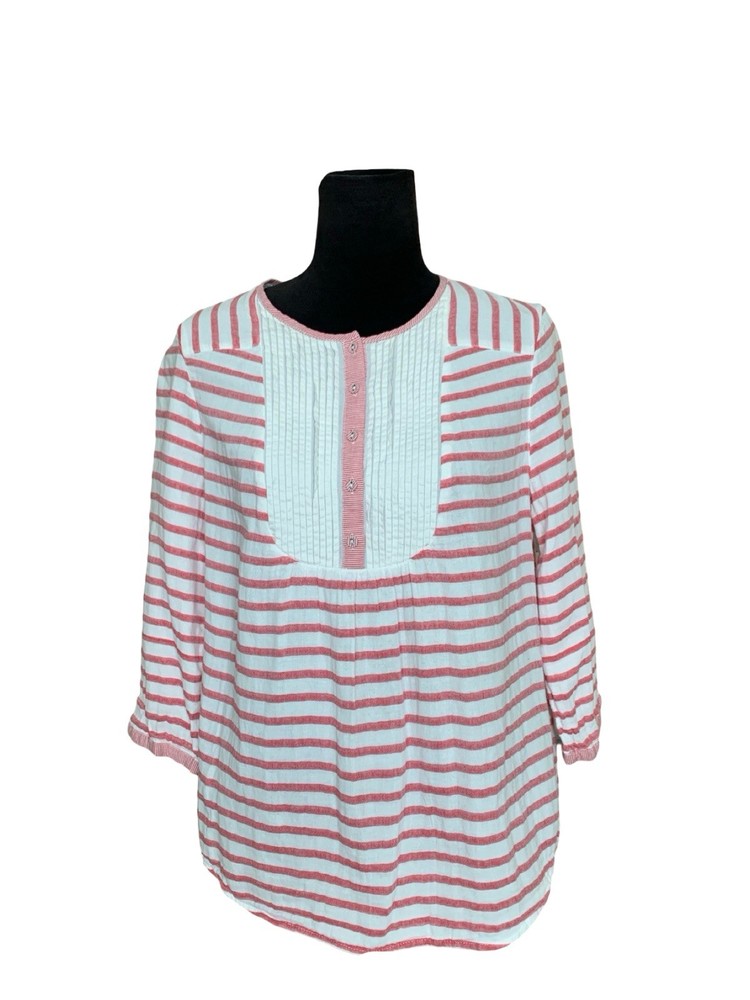 Boden UK16 US12 Woven Striped Pleated 3/4 Sleeve Henley Blouse 100% Cotton