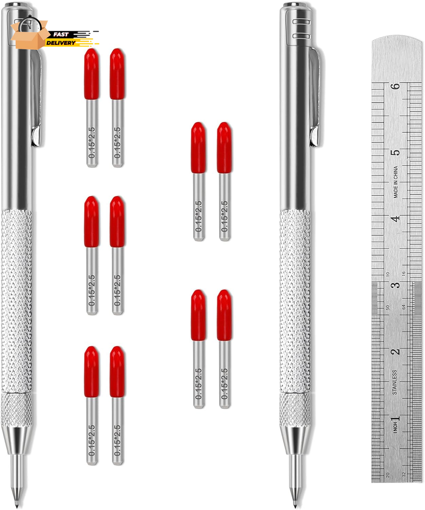 2 Pack Tungsten Carbide Tip Scriber Tool with 10 Refills 1 Ruler, Metal Scribe S