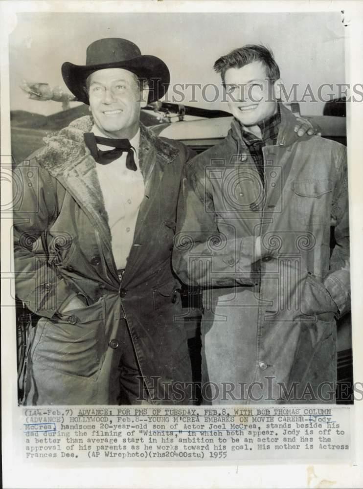 1955 Press Photo Actor Joel McCrea with son Jody during the filming of 