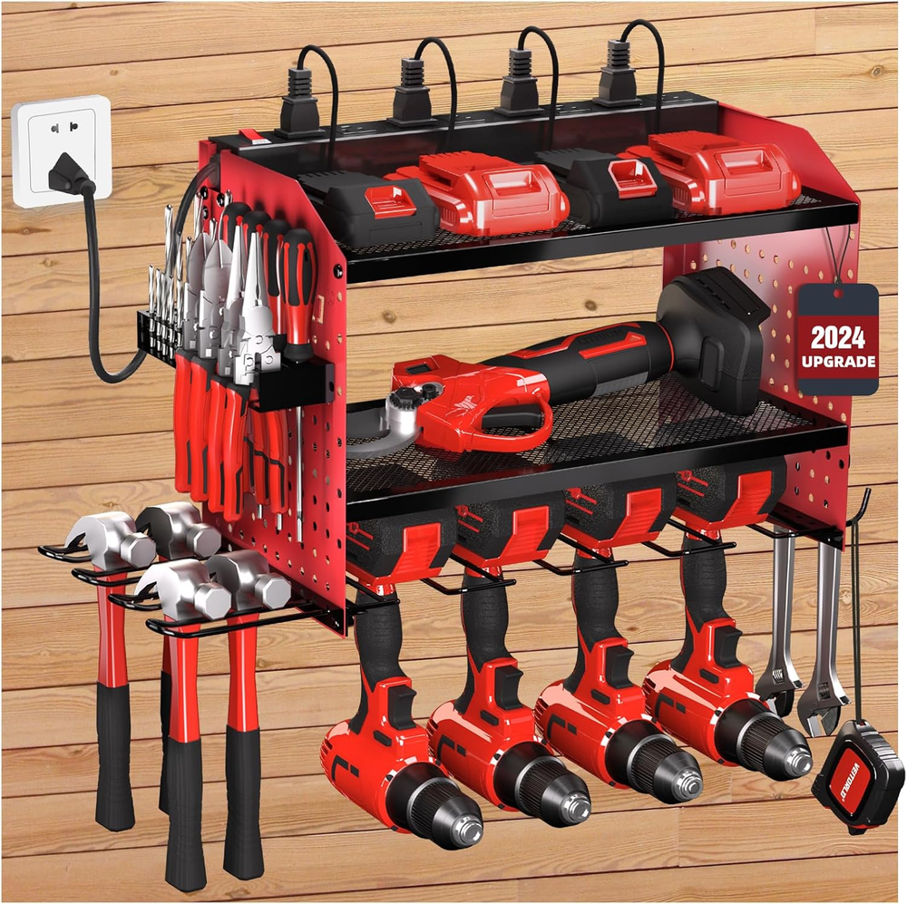 Heavy Duty Modular Power Tool Organizer with 4 Drill Holders & Charging Station