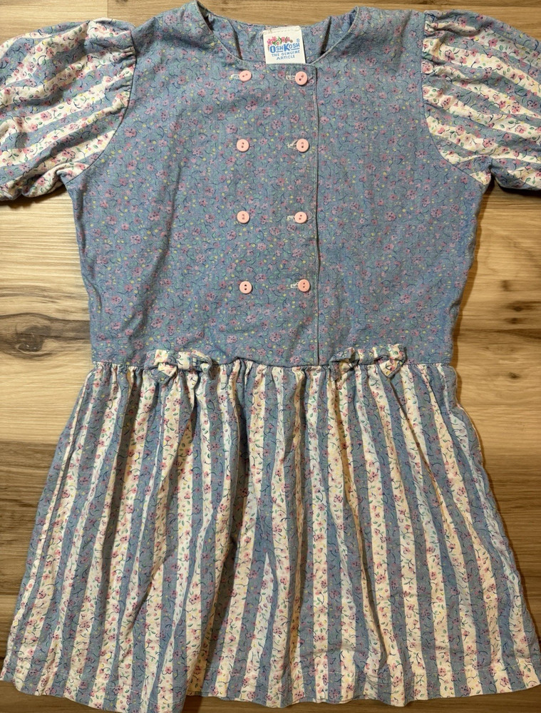 Vintage OshKosh Girls Dress Floral Prairie Cottagecore Made USA Puff Sleeve