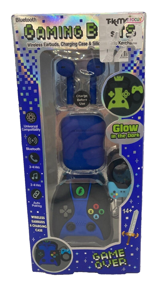 Wireless Gaming Earbuds with Charging Case and Blue Keychain