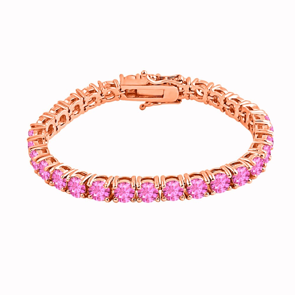 14K Rose Gold Plated Silver Pink Sapphire Tennis Bracelet 8 Inch for Women