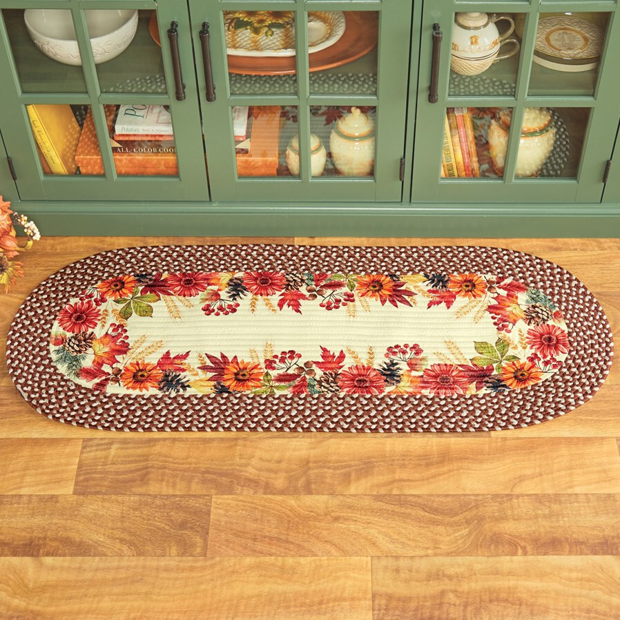 Oval Braided Fall Sunflower Daisy & Pinecones Floor Runner Rug Mat 49