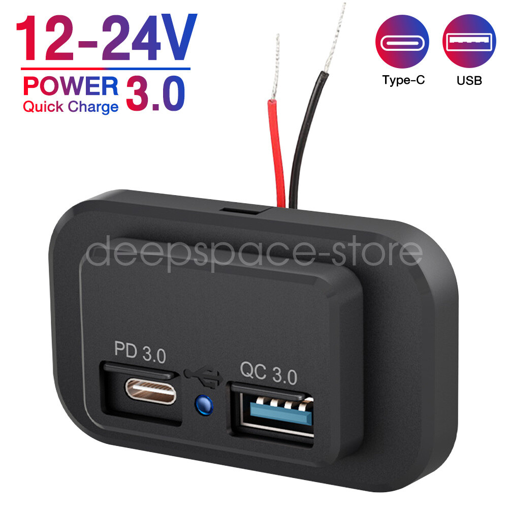 12-24V 4.8A Dual USB PD QC3.0 Fast Charger for Car Boat RV with LED