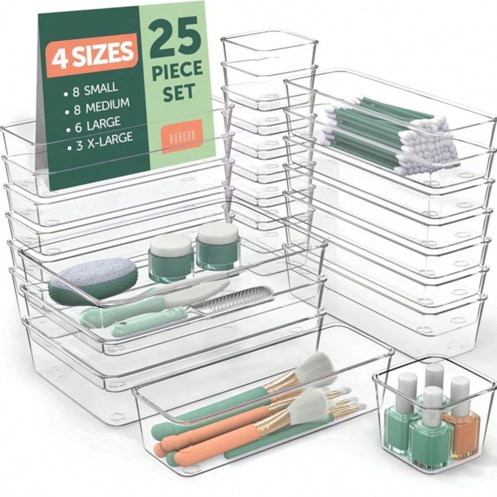 25 PCS Clear Plastic Drawer Organizers Set, 4 Sizes Clear Drawer Organizer Trays