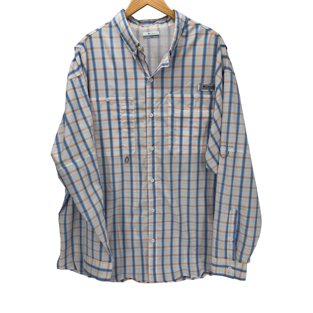Columbia PFG Shirt Mens XXL Blue Peach White Plaid Button Down Omni Shade