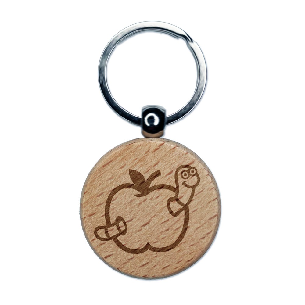Worm in Apple Engraved Wood Round Keychain Tag Charm