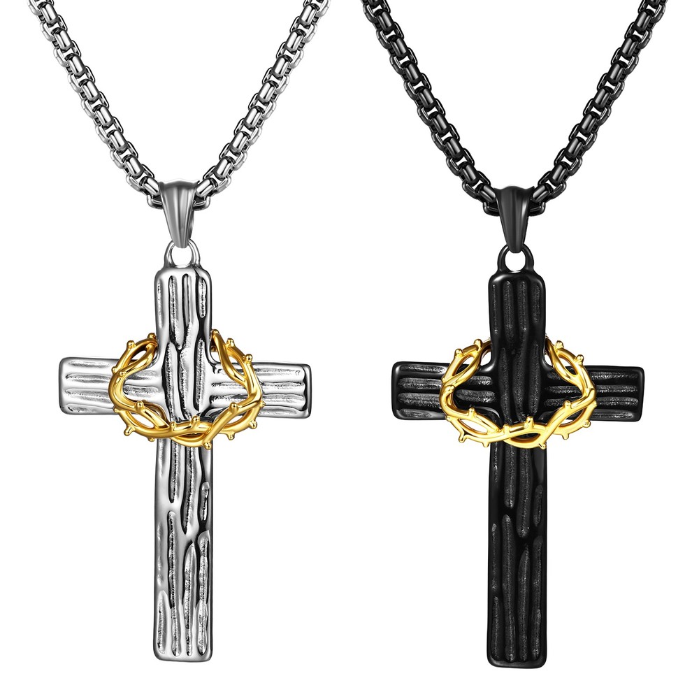 Men's Crown of Thorns Cross Pendant Necklace - Religious Steel Chain Faith Jewelry