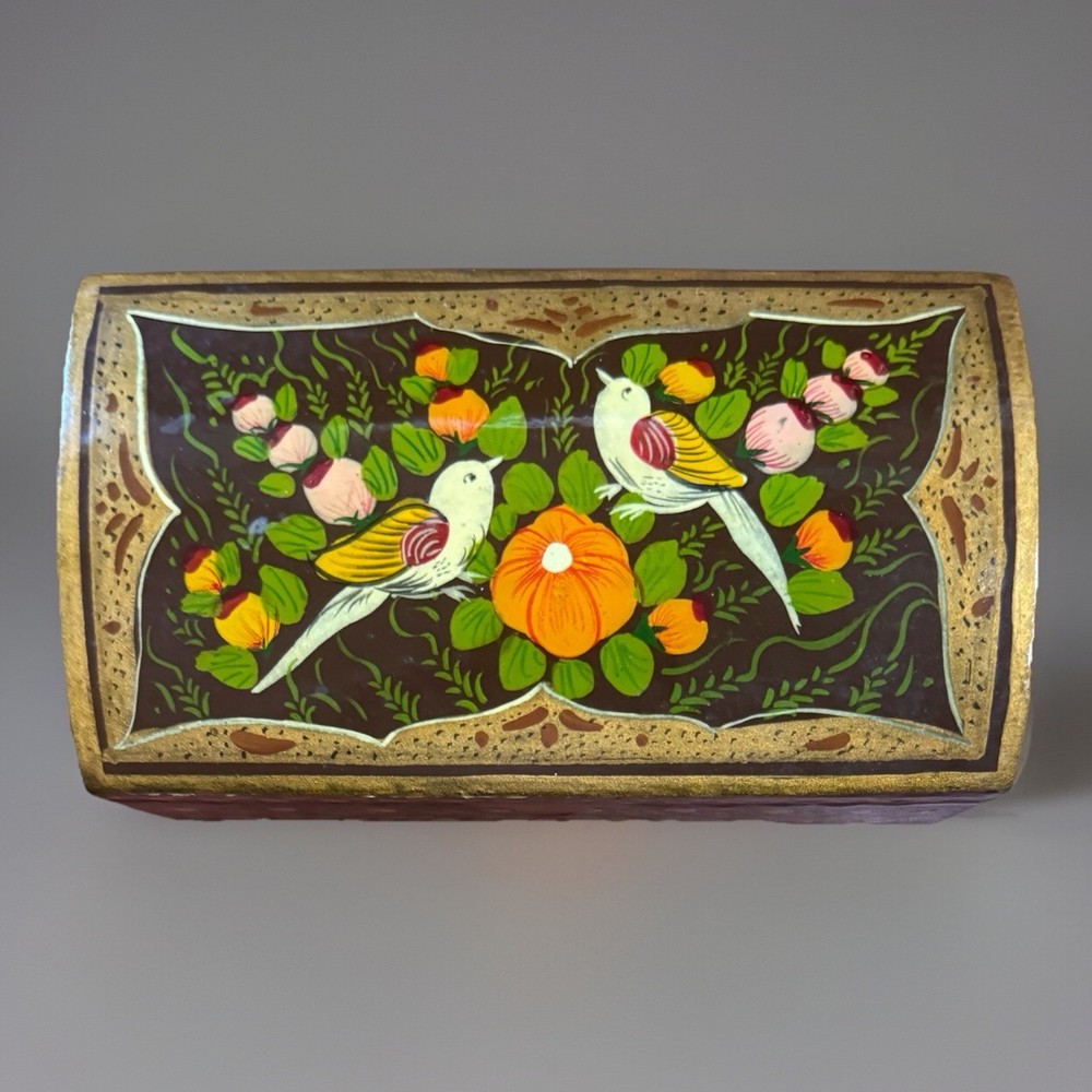 Vintage French Boho Floral Hand-Painted Wooden Box with Turtle Doves EUC