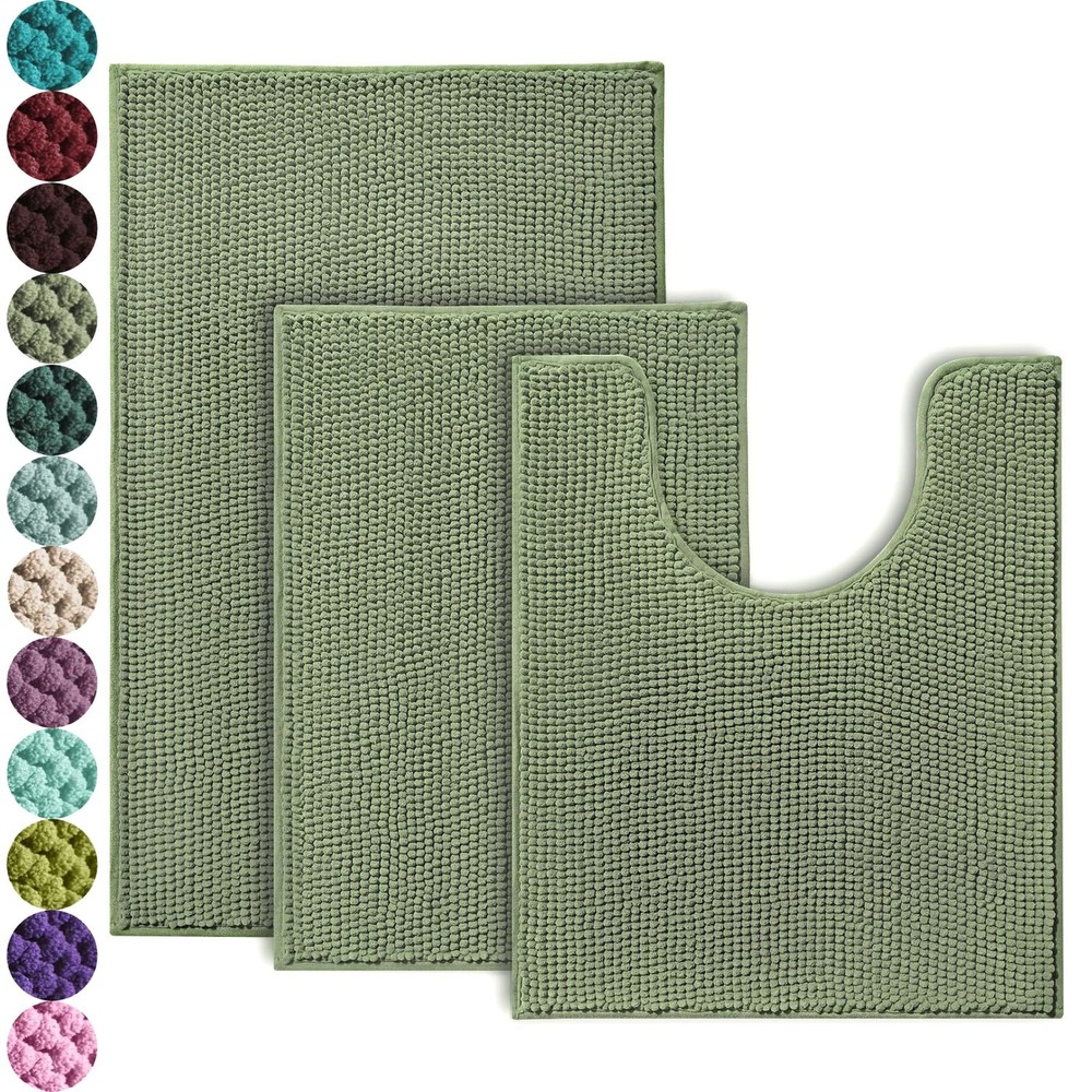 3-Piece Non-Slip Chenille Bath Rug Set - Ultra Soft, Washable, Sage