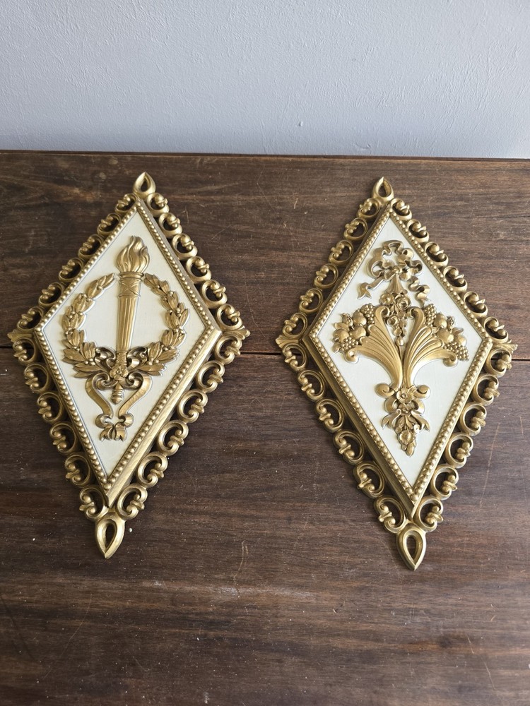2 VTG Homco Gold Floral Diamond Shaped Wall Hanging Plaques Hollywood Regency