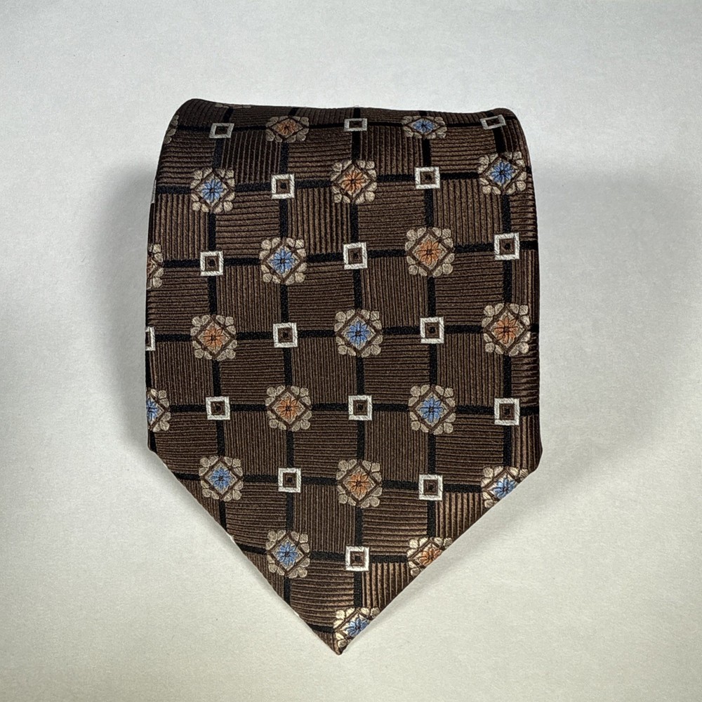 Enro Platinum 100% Silk Necktie Brown Geometric Squares Floral Vintage