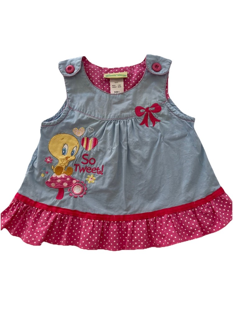 Rare Vintage 90s Y2K Looney Tunes ,Tweety Bird size 1 embroidered pinafore dress