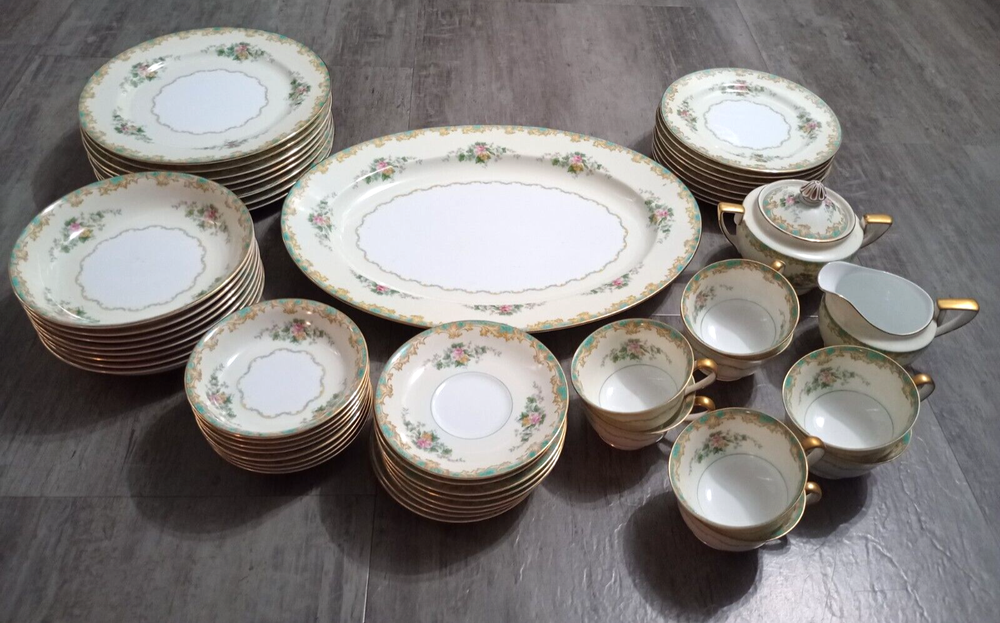 Vintage 1920's Noritake Morimura Adela Green Floral China Lot of 52 Pieces Japan