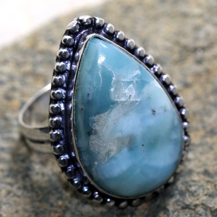 Handmade 925 Silver Plated Larimar Ethnic Ring Size US 6 Natural Stone Jewelry JW