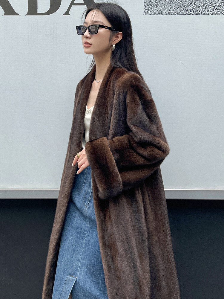 Vintage Caramel V-Neck Faux Mink Fur Coat with Belt Slim Fit Jacket