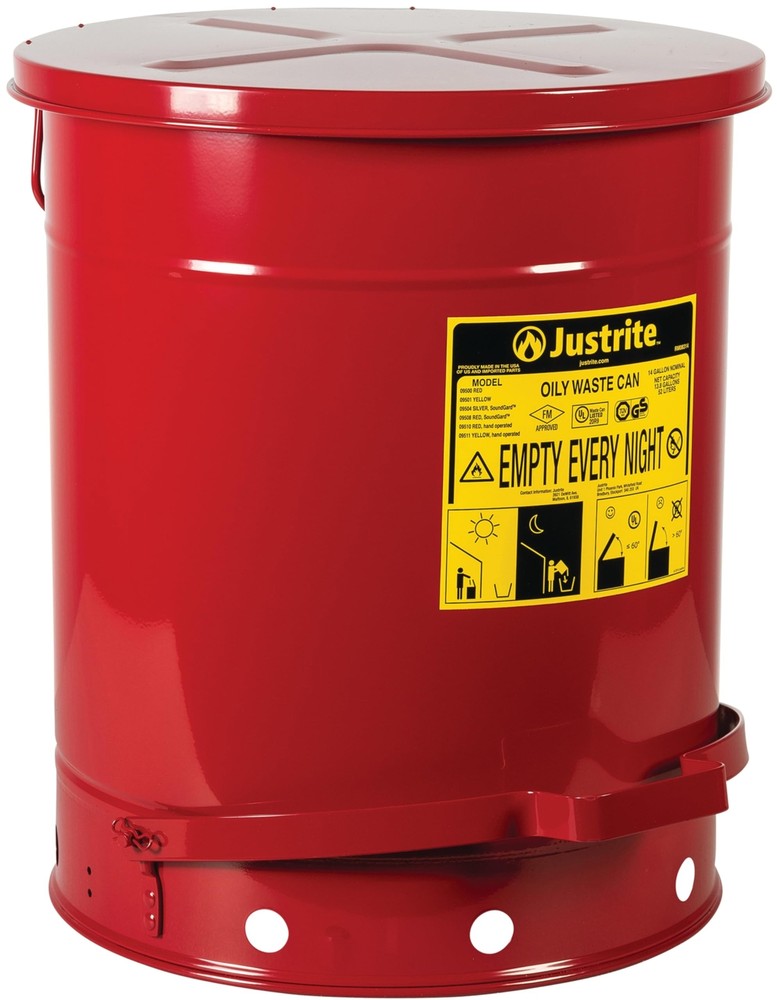 HOT JUSTRITE 14 Gallon, Oily Waste Can, Self-Closing Cover, Red - 09500