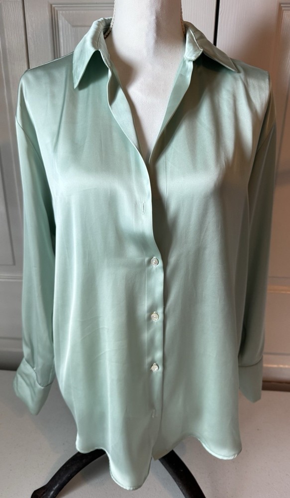 Zara Women's Long Sleeve Sage Green Satin Look Blouse Size Medium NWT