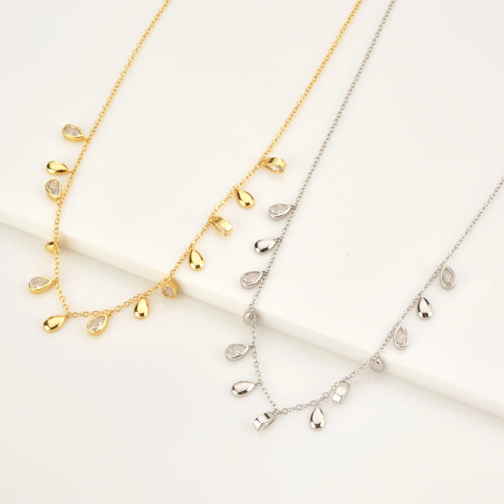 Silver Gold Ovals Charm Zircon CZ Choker Chain Necklace 35 Plus 5cm Extend