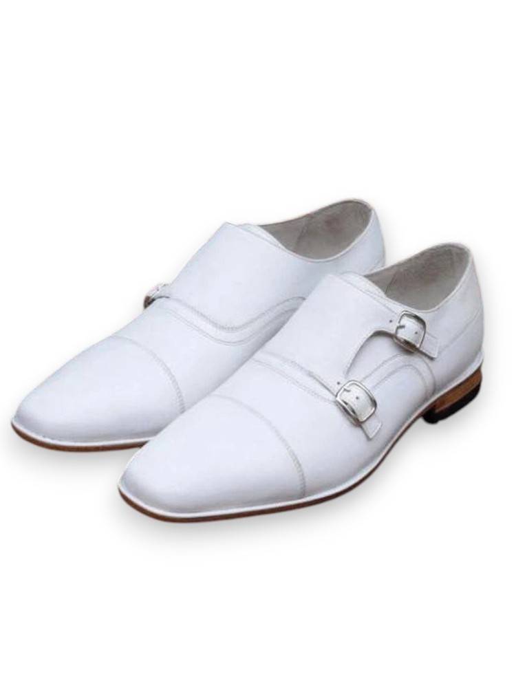 Handmade Real Leather White Double Monk Strap Dress Formal Cap Toe Shoes For Men