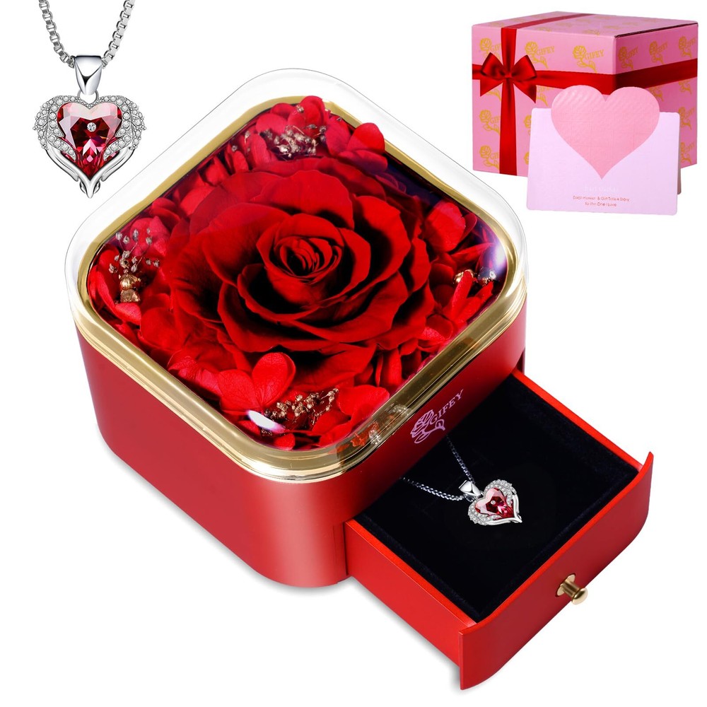 Valentine's Day Gift for Her - Preserved Red Rose with I Love You Necklace  